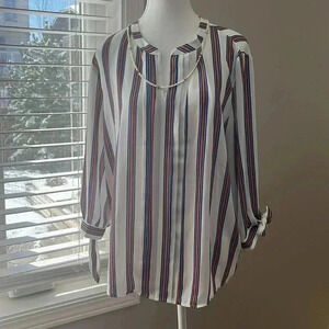 [XLP]41 Hawthorn Orange Blue Strapes White V Neck  Blouse